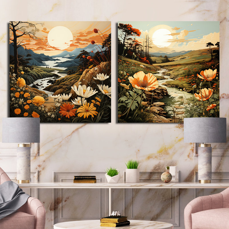 «Bold Botanical Mountain Landscape», 2 pièces, H 30 po x l 61 po, Toile tendue