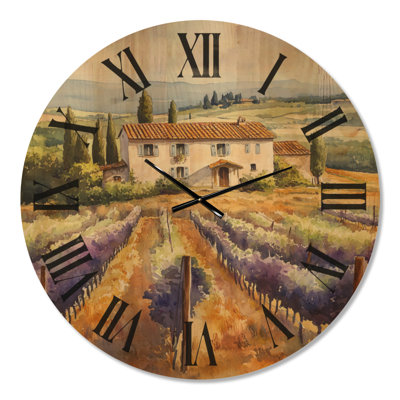 Horloge murale violette rustique surdimensionnée « Villa viticole toscane I », imprimée sur bois