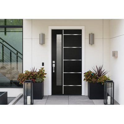 36 In. X 80 In. Inswing Right Black Fiberglass Entry Door With Frost Glass