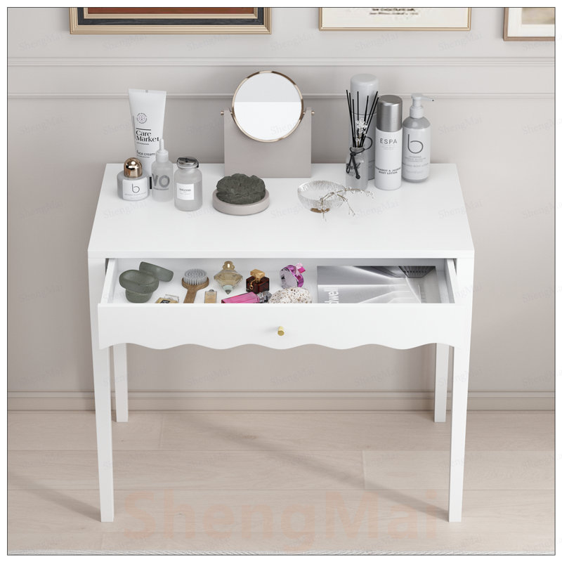Meuble-lavabo compact avec tiroir - table de maquillage moderne, façade festonnée, poignée dorée, idéale pour les petits espaces et les bureaux à domicile