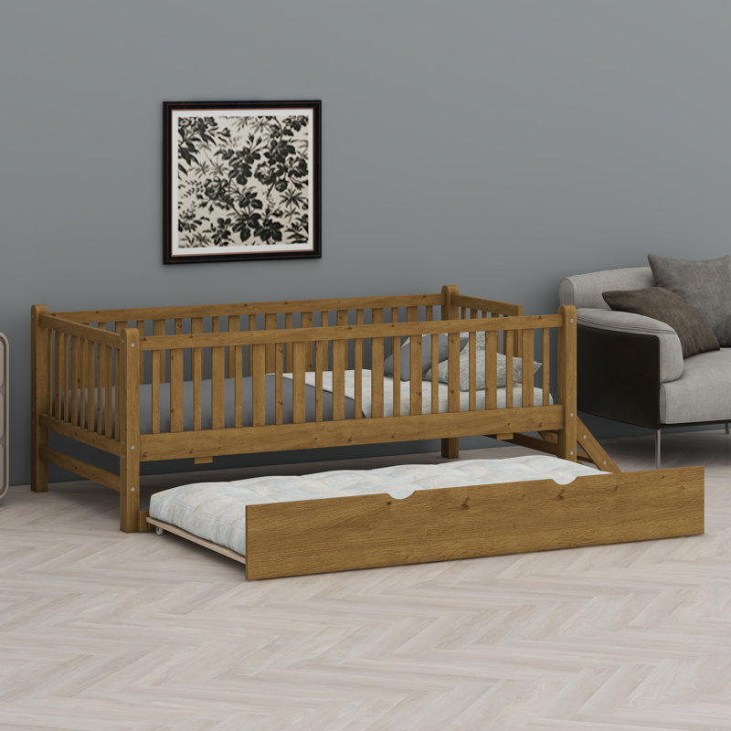 Platform Bed With Guardrail And Trundle, Walnut