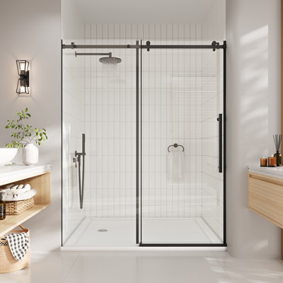 Frameless Sliding Glass Shower Door, 5/16" Clear Tempered Glass, Matte Black Frame for Walk-in Shower, Frameless Bypass Design with Smooth & Quiet Operation, 48in x 72 in