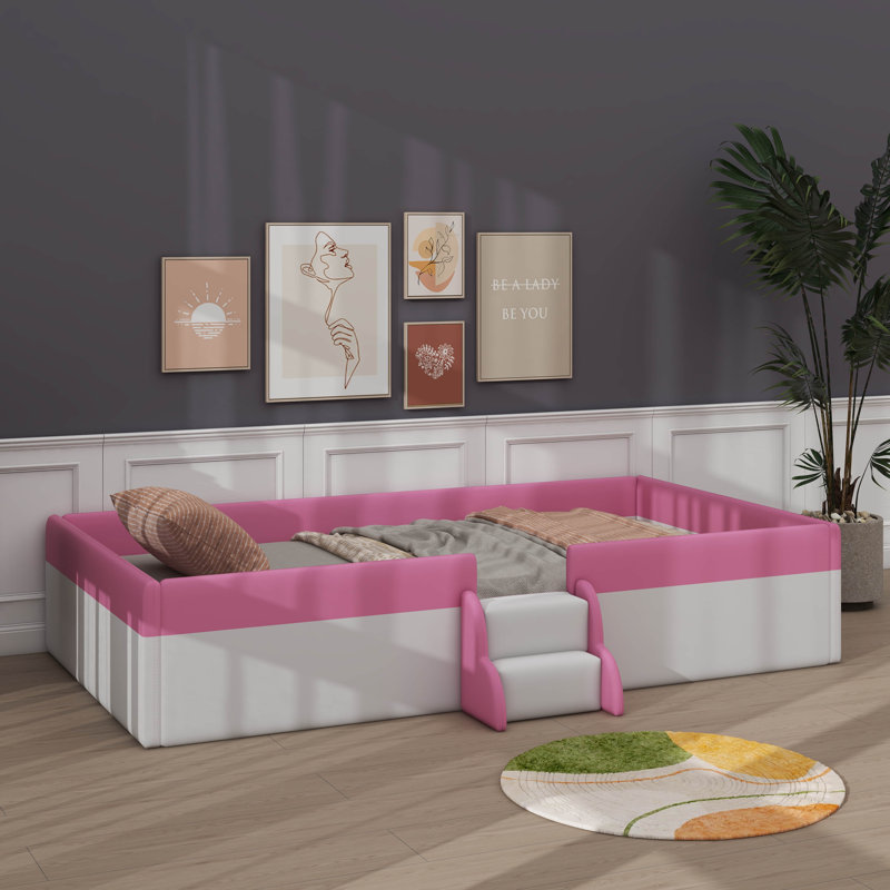 Twin-Sized Daybed Frame, Upholstered With Fence And Integrated Stairs, Twin, Pink/White