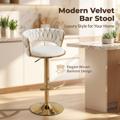 Tabouret de bar pivotant réglable avec dossier incurvé en velours tissé, chaises de bar à hauteur de comptoir en métal doré, tabouret de bar rembourré de luxe moderne pour îlot de cuisine, beige