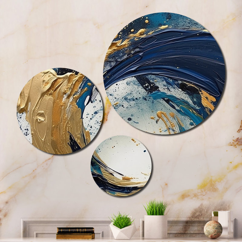 «Dark Blue and Gold Strokes VI», ensemble de reproductions d'art abstraites en métal