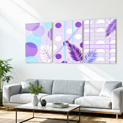 Purple and Blue Abstract Leaves Pattern Canvas Wrapped Wall Art, Modern Geometric Design (Set of 3)