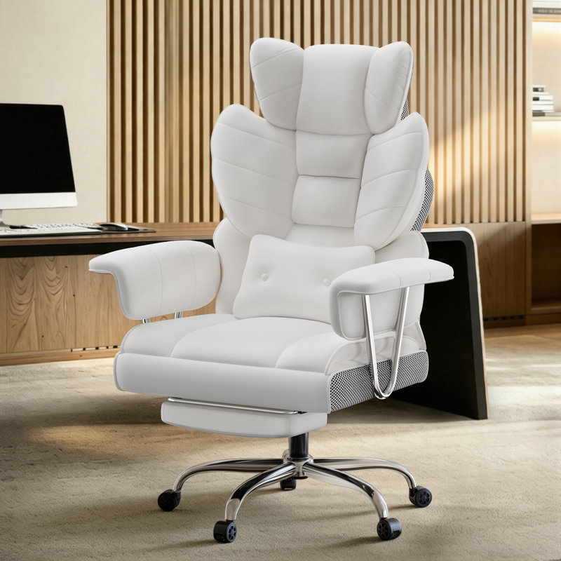 Ergonomic High Back Executive Office Chair with Retractable Footrest, Lumbar Support and Adjustable Height, White