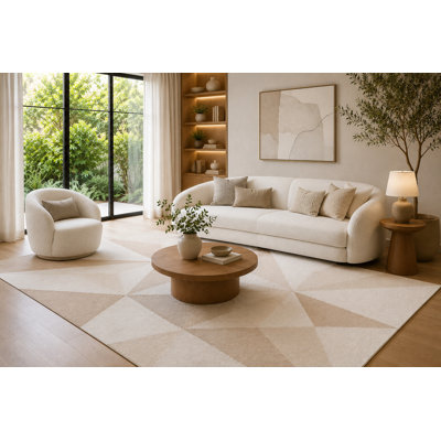 Grand tapis triangulaire à facettes crème, beige et taupe 6 pi 7 po x 9 pi 10 po pour salon, tapis doux à poils courts avec envers antidérapant pour la chambre à coucher, la salle à manger et le bureau personnel