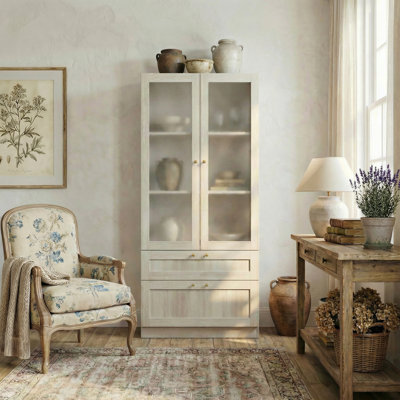 Elegant Glass Display Cabinet With Gold Handles And Storage Drawers