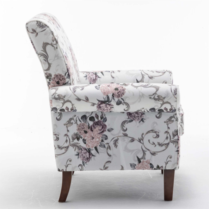 Fauteuil à accoudoirs roulés Traditional, structure en bois de bouleau massif avec pieds fuselés, chaise rembourrée en tissu de polyester imprimé pour plus de confort et de style