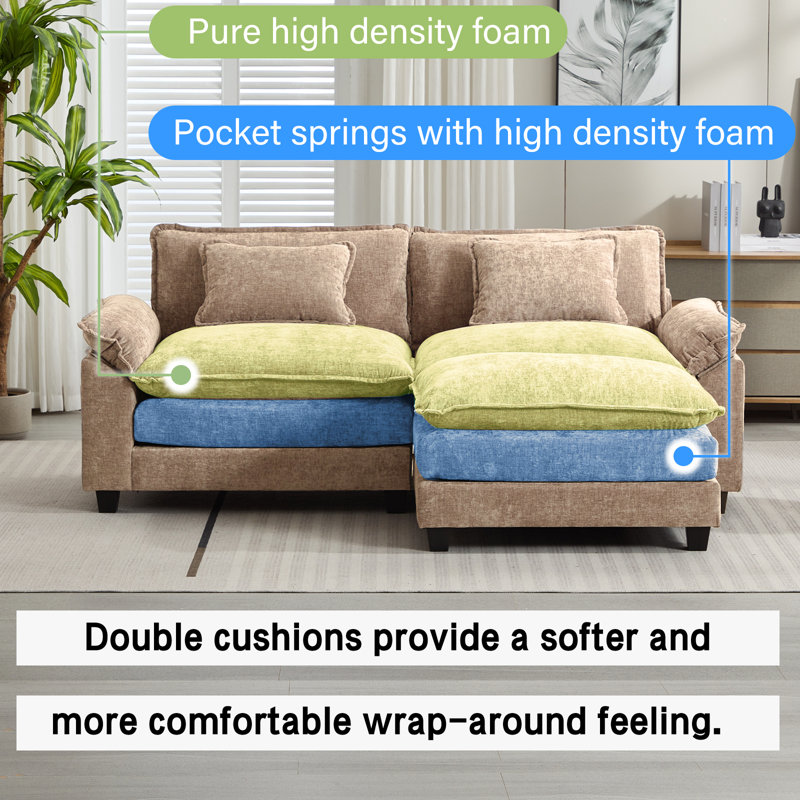 Arale 86'' Wide Comfy Cloud Couch Sectional Loveseat Sofa With Ottoman, Khaki Chenille