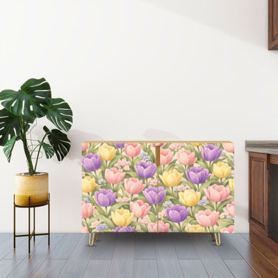 Buffet Buffet avec rangement Tulipe florale douce couleurs pastel mauve rose fleurs jaunes avec 2 portes pour le salon et la cuisine