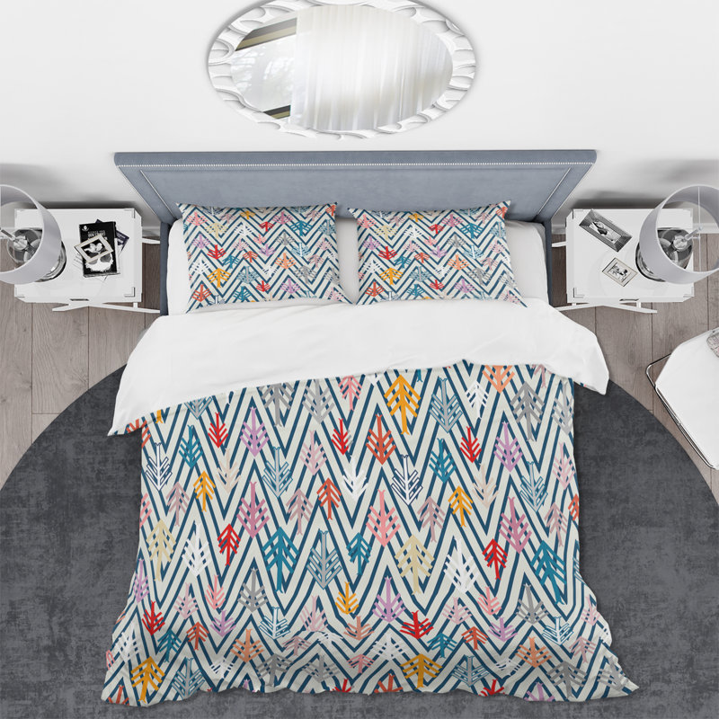«American Indian Inspired Triangular Geometrics I» - Ensemble de housse de couette moderne - Polyester en microfibre
