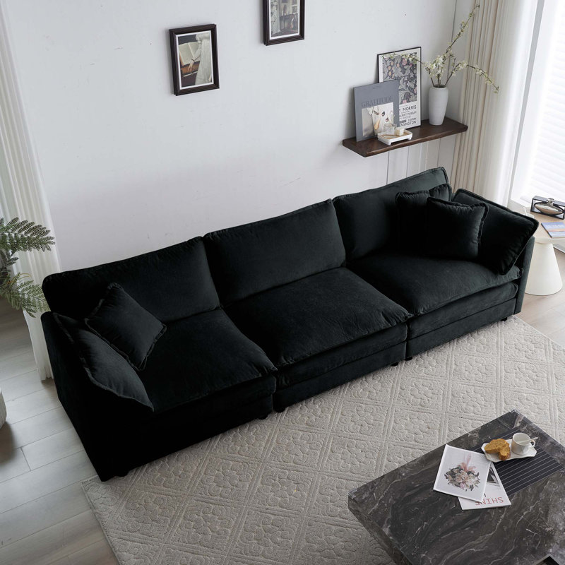 Canapé 3 places Mid-Century moderne avec 2 accoudoirs et 3 coussins décoratifs, H 33 po x l 111,5 po x P 35 po, 3, Noir