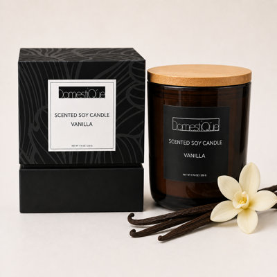 Domestique Luxury Scented Candle, 40-60 Hour Burn Time, Soy Wax Blend & Organic Cotton Wick, Glass Container with Gift Box, Vanilla, 8 oz