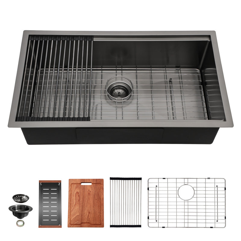Gunmetal Black Workstation Kitchen Sink - 28"X 18"X 10" Single Bowl Workstation Undermount Kitchen Sink 16 Gauge Stainless Steel