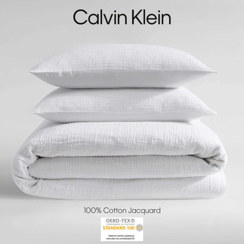 Calvin Klein Washed Texture Solid Cotton Comforter Set, White, Queen Comforter