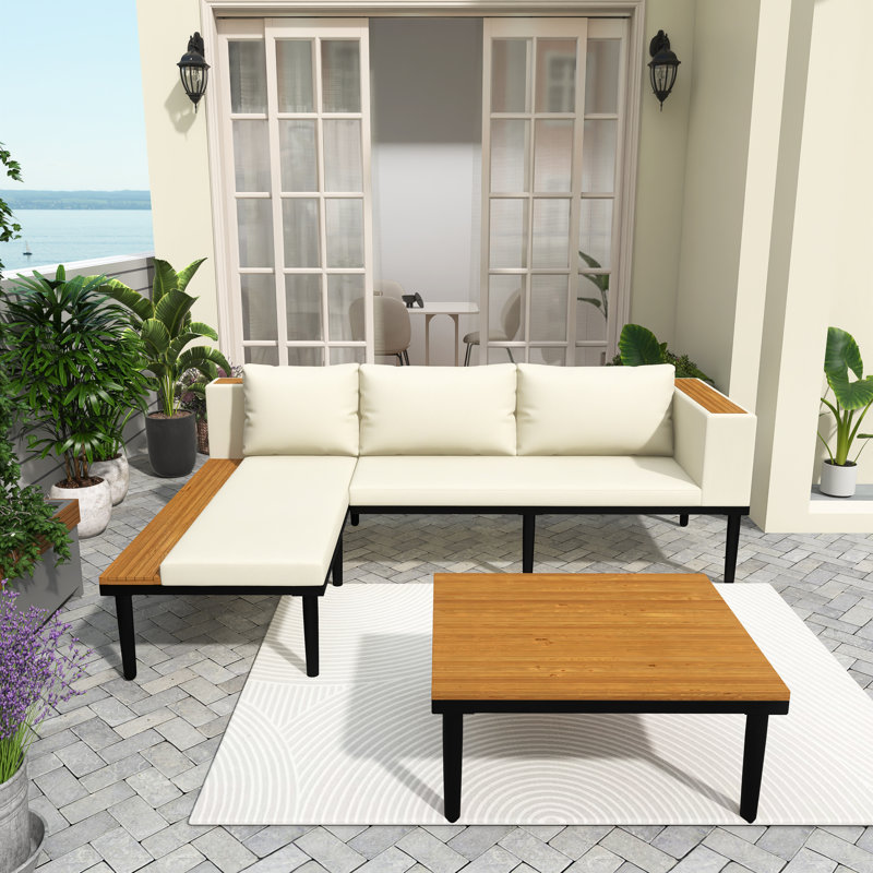 Ensemble de mobilier d'extérieur en L en bois d'acacia avec coussins amovibles, table basse et table d'appoint, canapé de conversation, beige