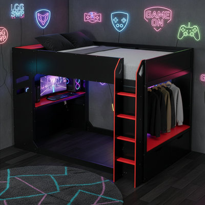 Full Loft Bed With Height-Adjustable Desk, Hanging Rod And Storage Headboard