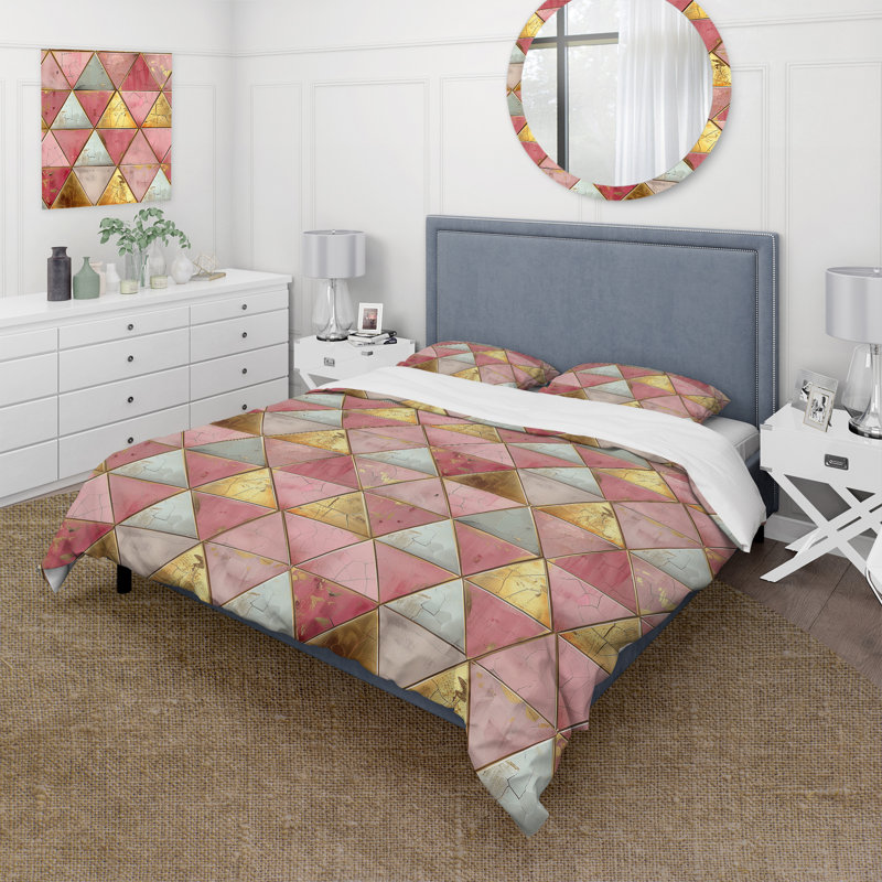 Ensemble de housse de couette rose doré Midcentury Triangle I - Midcentury, Housse de couette très grand + 2 taies décorativ