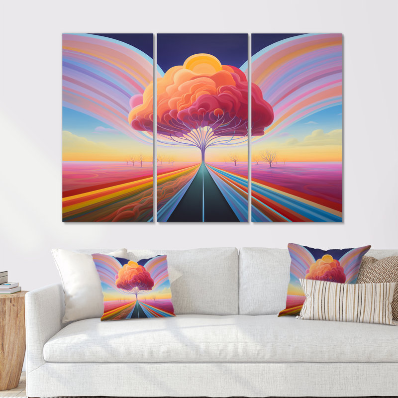 Pastel Country Road Pink Majestic Tree Sunset - Abstract Landscape Wall Art Set, Wrapped Canvas, 28" H x 36" W x 1" D