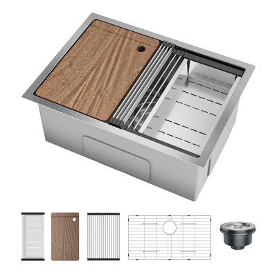 Undermount Kitchen Sink, 23x18 in Stainless Steel Kitchen- Single Bowl Sinks, Modern Top Mount 16 Gauge Workstation Sink-with Accessories for Bar, Silver (Not Included Faucet)