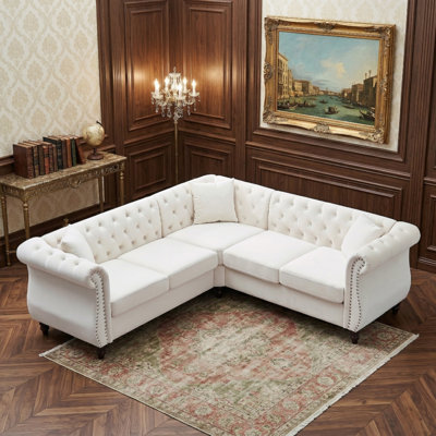 Buccleuch 83.5" Wide Velvet L-Shaped 5-Seater Corner Sofa and Sectional with 3 Included Throw Pillows
