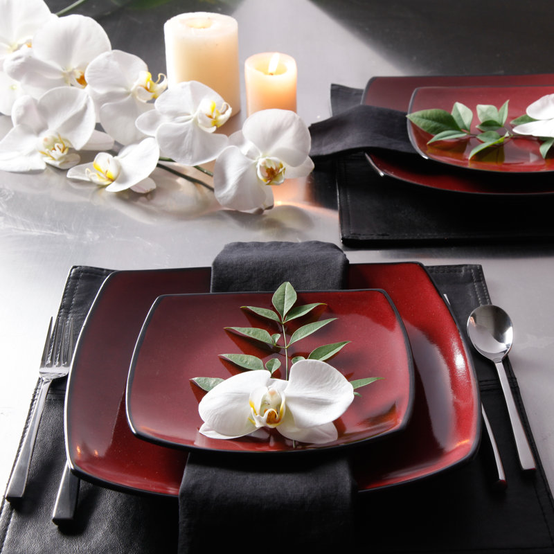 Red and Black Square Porcelain Dinnerware Set for 4
