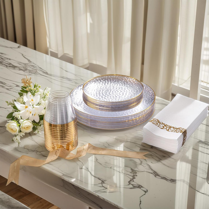 Service de vaisselle 175 pièces en plastique transparent pour 25 invités, assiettes jetables martelées pour la fête, Clair