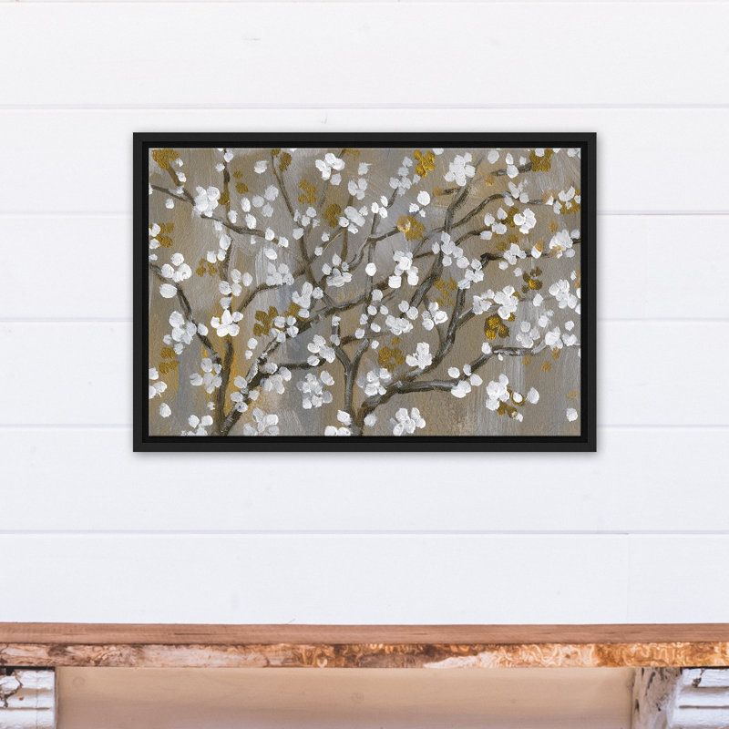 Fleurs de cerisier blanches sur toile, H 17,75 po x l 25,75 po x P 1,75 po, Cadre flottant noir