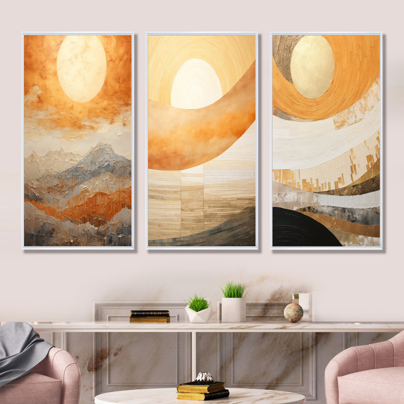 Ensemble de 3 décorations murales géométriques beiges et coucher de soleil, H 28 po x l 36 po, Cadre flottant blanc