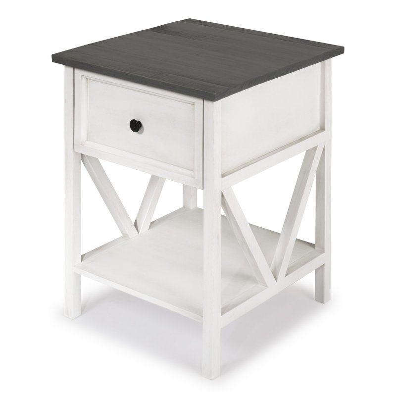 Solid Wood End Table with Storage, Gray, White Wash