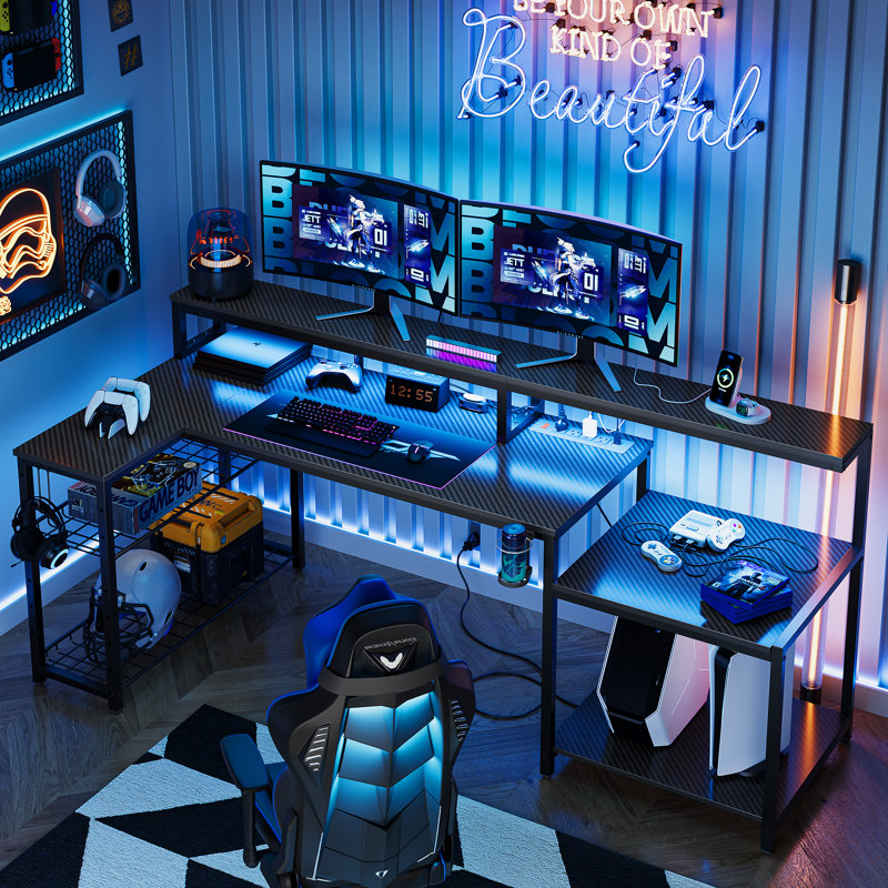 Monike 71.5" W LED Gaming Desk with Power Outlet, L-Shaped Computer Desk with Monitor Stand, Black