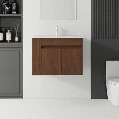 Meuble-lavabo flottant avec lavabo, porte à fermeture en douceur, lavabo en céramique, contreplaqué