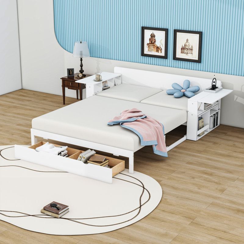 Multifunctional Daybed with Drawers and Desk,Shelves, White, Queen