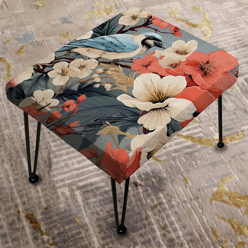 Gray And Coral Bird On Floral Brand - Floral Rectangle Ottoman