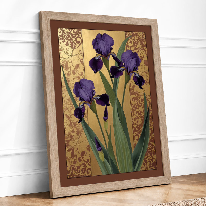Irises Against Damask Botanical - Framed Print, A1 - 84.1 x 59.4 cm, Oak