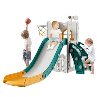 6 In 1 Slide For Toddler Age 1-3, Indoor Outdoor Playground With Basketball Hoop,Storage And Telescope,L Shaped Slide