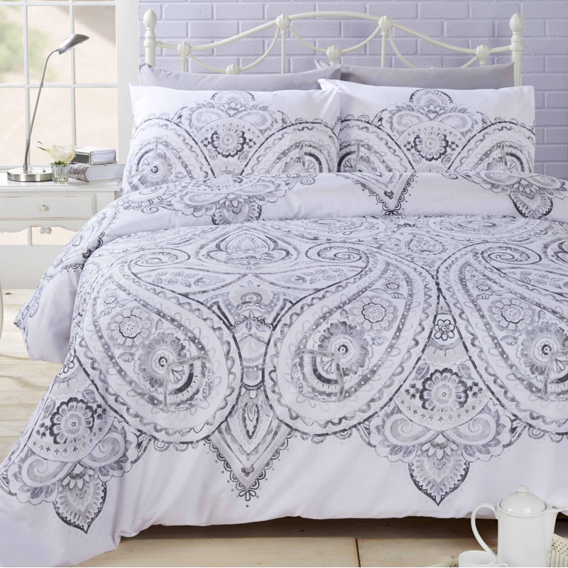 Spickard Paisley Duvet Cover Set with Pillowcases, Grey, Kingsize Duvet Cover + 2 Standard Pillowcases