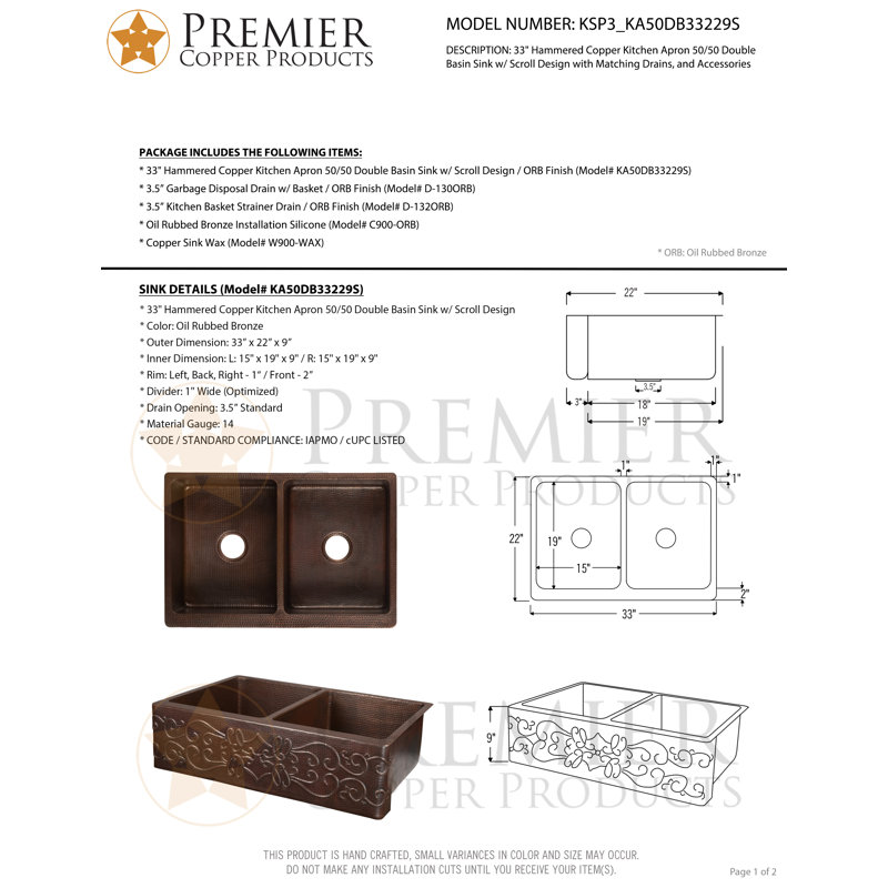33'' L Double Basin Kitchen Sink, Does Not Apply