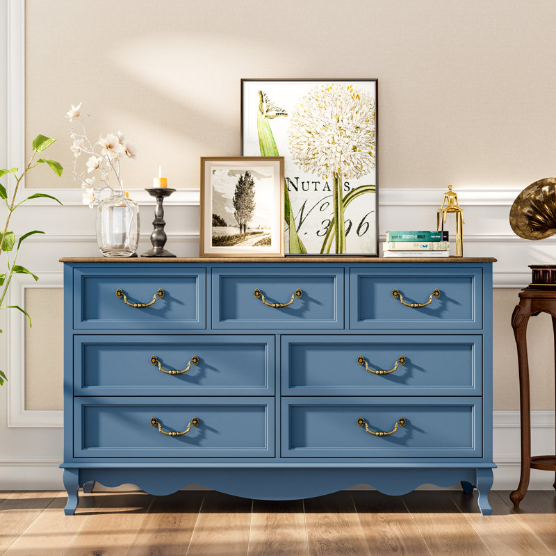 Commode à 7 tiroirs de 54 po de large avec commode de chambre anti-basculement, Marine