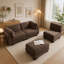 Canapé d'angle modulaire 3 places en chenille marron à détails froncés | Coussins de dossier épais en mousse haute densité | Pouf amovible | Montage facile | Parfait pour le salon et la chambre