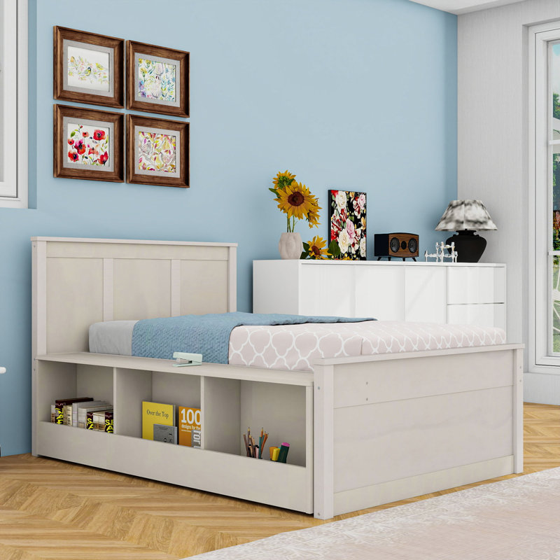 Lit plateforme coulissant en bois avec tablettes de rangement intégrées et lit gigogne, Lit simple, Blanc, crème