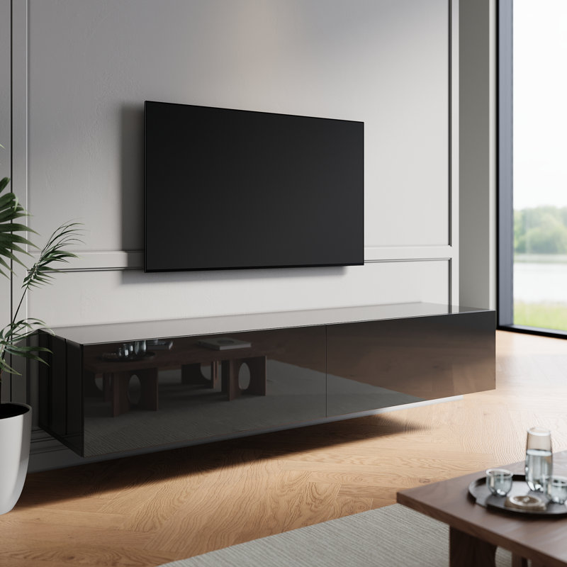 Hangable and floor standing TV stand in high-gloss UV panel, 30cm H x 160cm W x 40cm D, Black