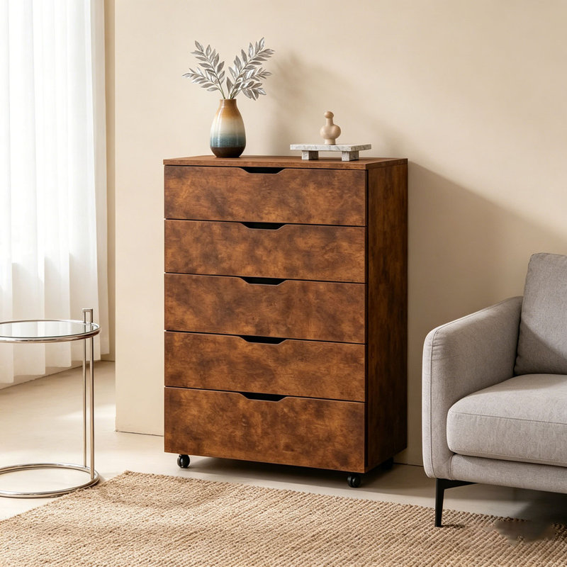 Commode mobile à 5 tiroirs avec roulettes, Brun rustique