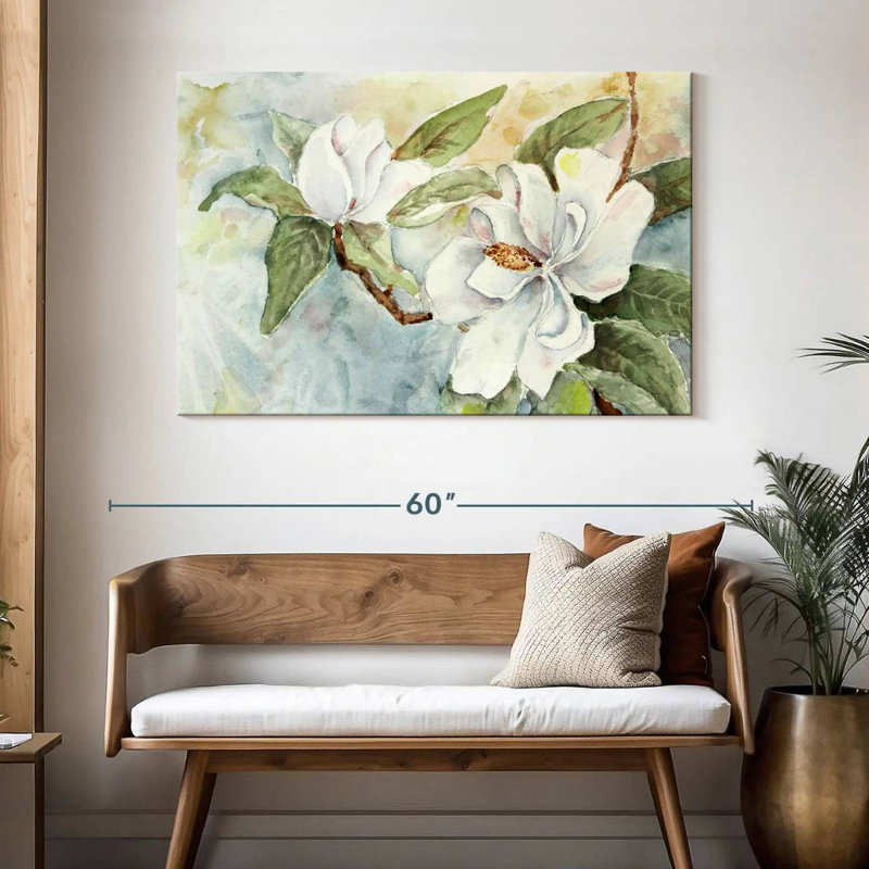 Branche de magnolia Harnek, aquarelle blanche, H 32 po x l 48 po