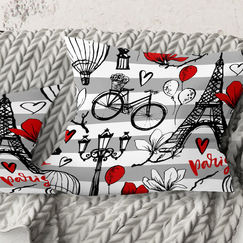 Coussin Paris Eiffel Red Hearts II - Mid-Century, 18 po x 18 po
