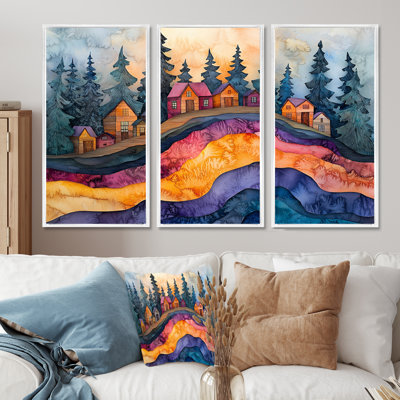 «Native Indian Village In A Forest Landscape III», art mural forêt, 3 pièces
