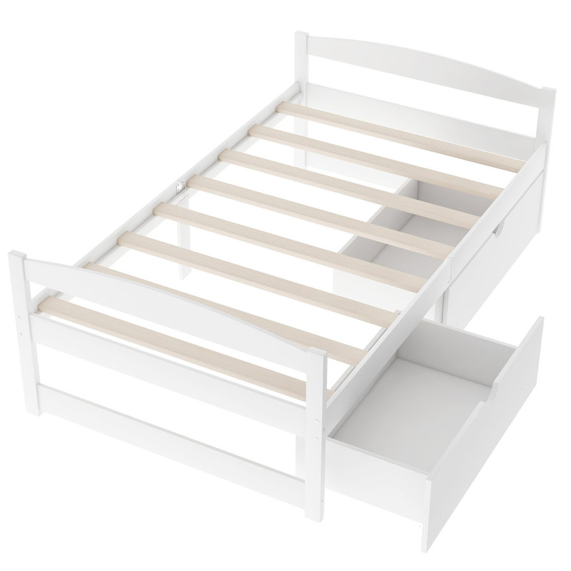 Lit plateforme simple avec 2 tiroirs - Pin blanc, peu encombrant, Blanc