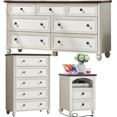 3-Piece Farmhouse Bedroom Furniture Set with 7 Drawer Dresser, 5 Drawer Chest and Nightstand, Wood Storage Set with Charging Station for Bedroom and Living Room